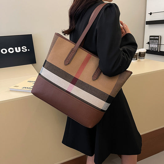 2025 hot-selling women's bags large-capacity handbags fashion trend canvas plaid tote bags retro texture mother and child bags