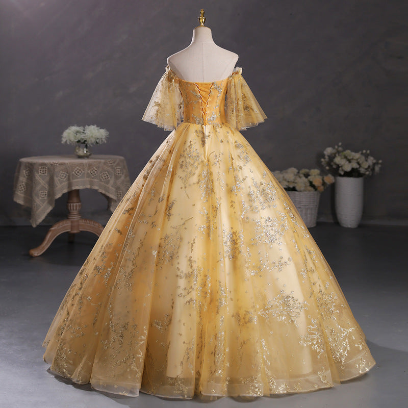 2025Hot trade one-word shoulder champagne gold solo tutu skirt student vocal art test performance uniform host annual meeting evening dress woman