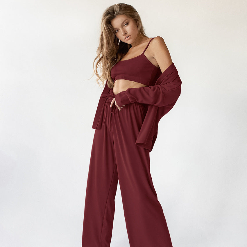 BENPAOLV 2025 Spring  new pajamas vest three-piece ice silk pit strips outer wear trousers nightgown fashion women's loungewear