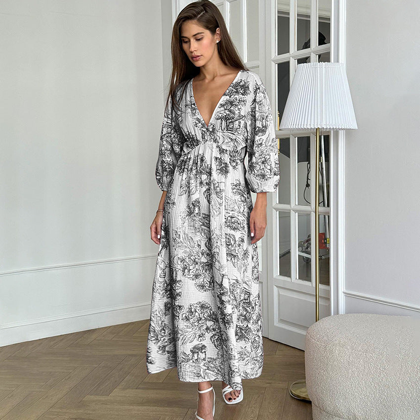 BENPAOLV 2025 popular pure cotton autumn print lace-up halter sexy deep V long sleeve long nightdress fashion print loungewear women