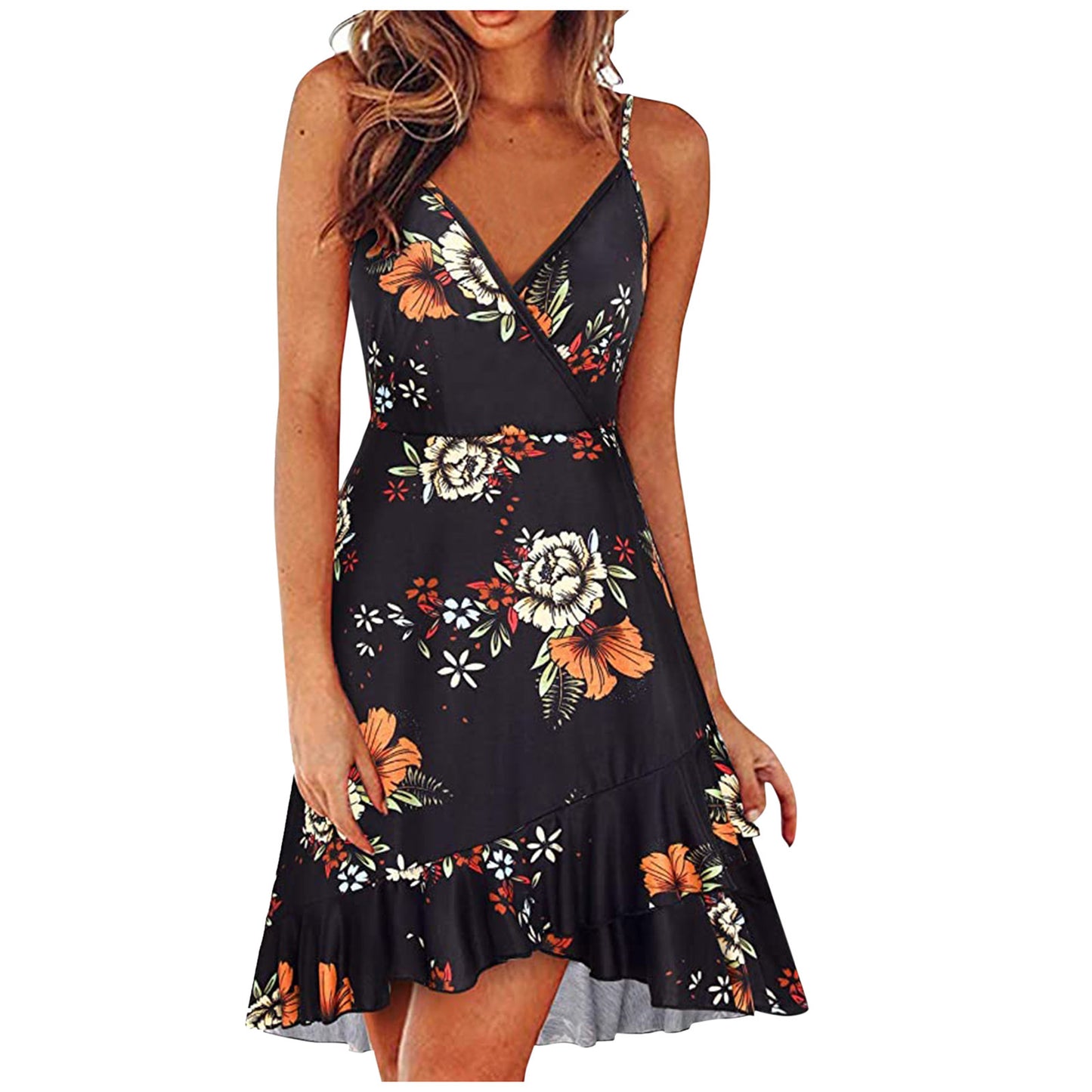 Summer Women's Sexy, Stylish V-Neck Suspender Sleeveless Halter Multi-Color Printed Swing Dress