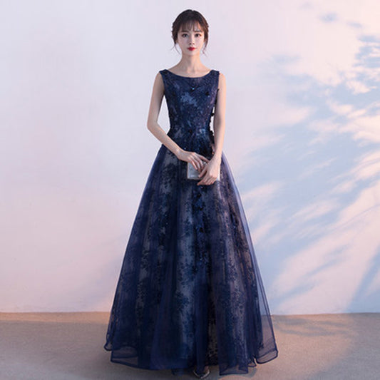 2025 Navy blue evening dress women's popular new sleeveless simple temperament banquet simple and generous lace South East Asia dress