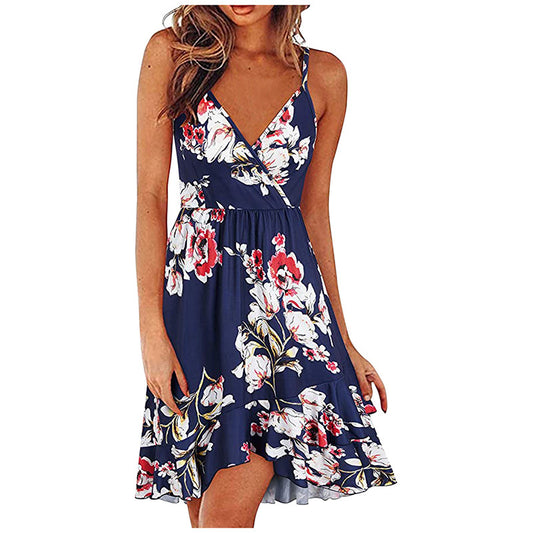 Summer Women's Sexy, Stylish V-Neck Suspender Sleeveless Halter Multi-Color Printed Swing Dress