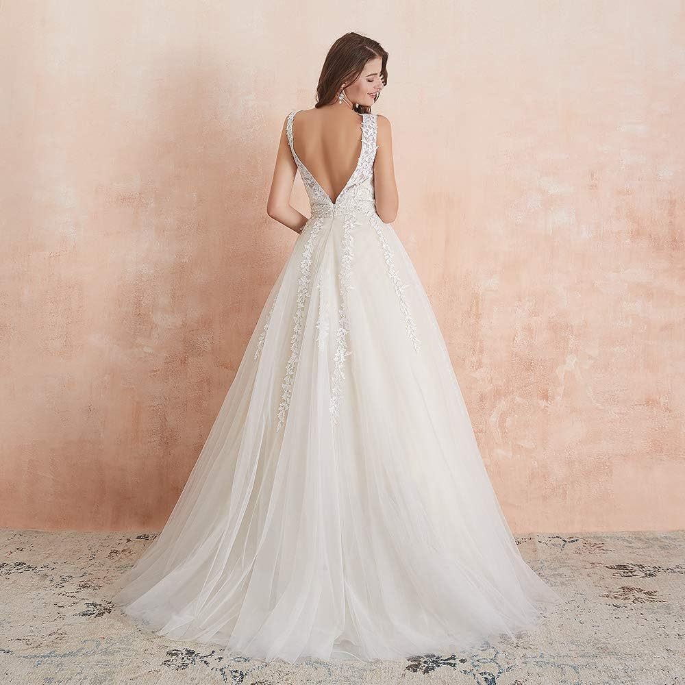 2025Popular trade   main wedding dress wish independent station new deep V lace slim temperament wedding dress