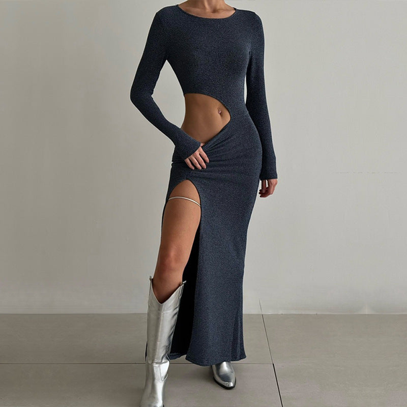 BENPAOLV  2025 popular winter  style new sexy Spice Girl round neck pullover solid color hollow split fork long sleeve dress