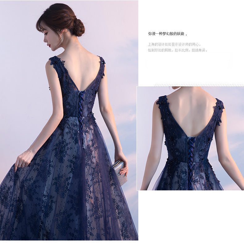 2025 Navy blue evening dress women's popular new sleeveless simple temperament banquet simple and generous lace South East Asia dress