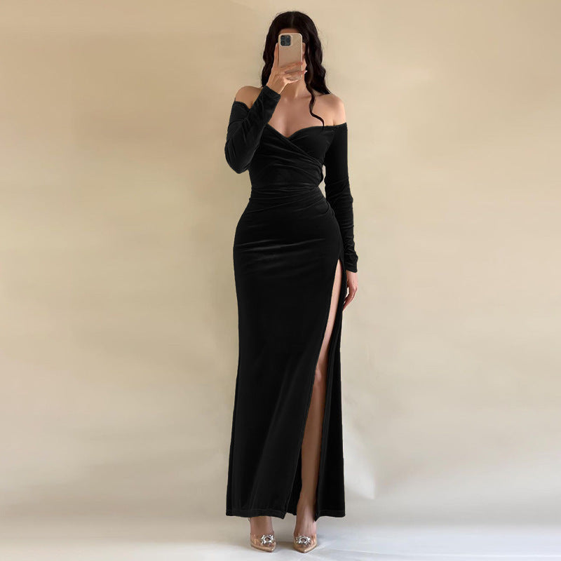 BENPAOLV  2025 popular autumn and winter  style New one-word shoulder sexy high slit velvet dress femininity dress dress