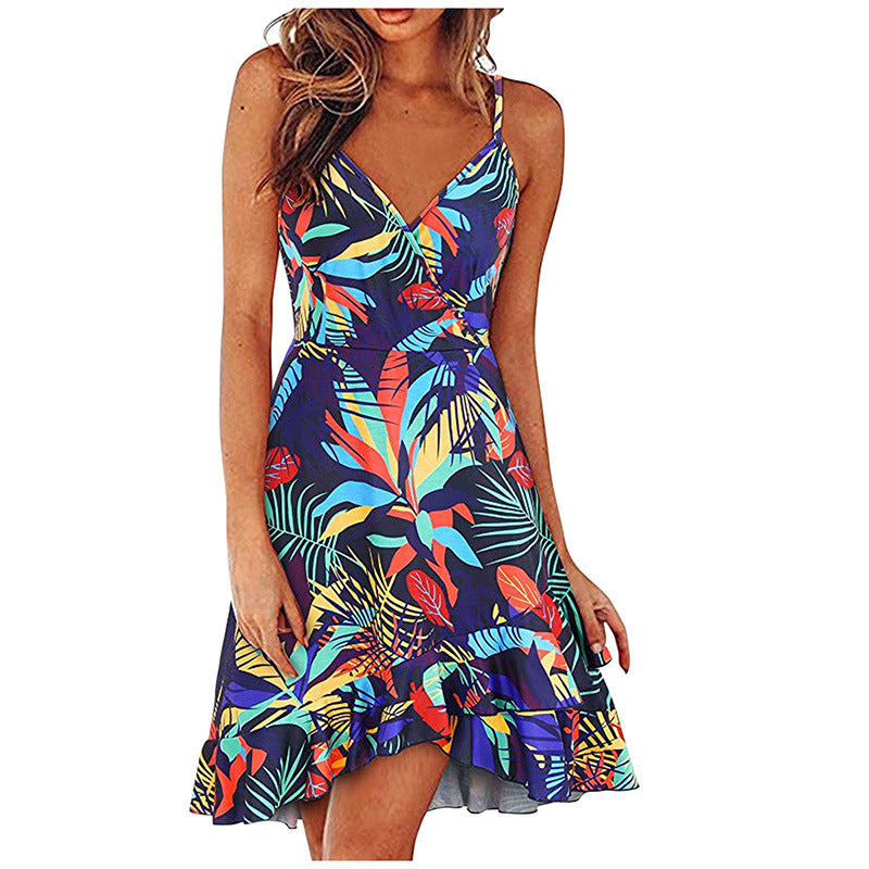 Summer Women's Sexy, Stylish V-Neck Suspender Sleeveless Halter Multi-Color Printed Swing Dress