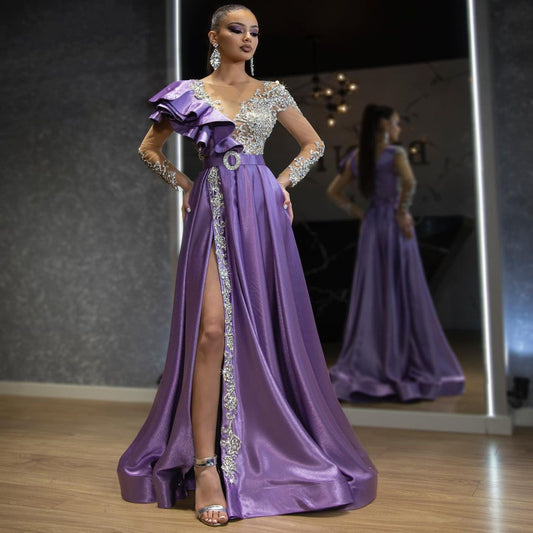 spring new  New women's clothing  evening dress women's satin gold-sprinkled purple sequined dress