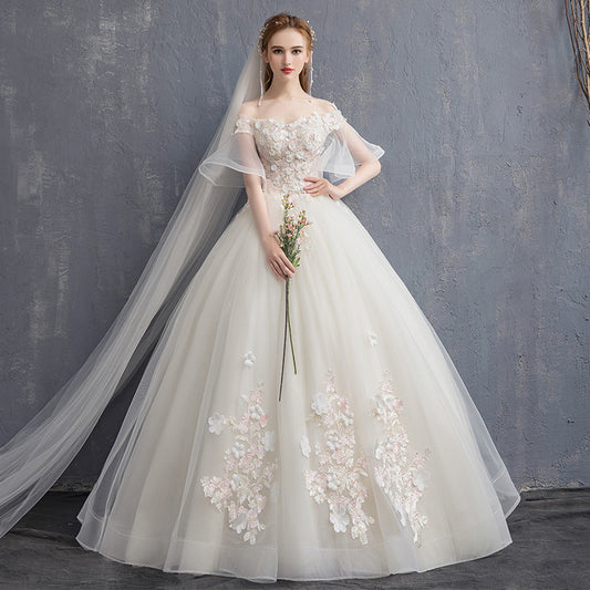 2025 One-word shoulder wedding dress new starry sky Korean princess dream Hepburn simple Qidesen thin wedding dress