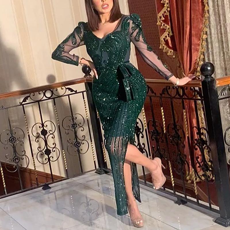 BENPAOLV Light luxury women's high-end green sprinkling gold dress original single 2025 wish  long-sleeved sexy temperament dress