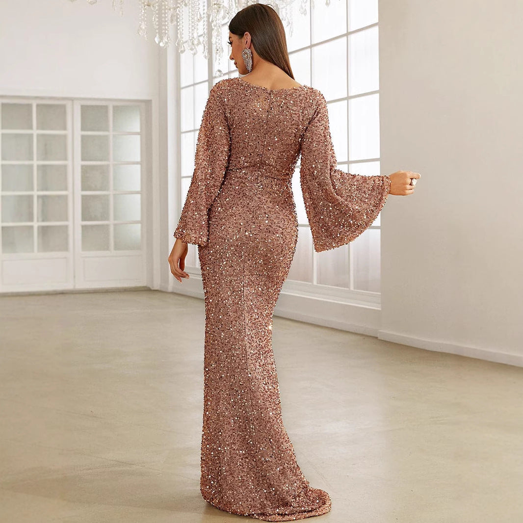 BENPAOLV Sexy Evening Dress 2025 Women Sexy Dress Mid-rise Flared Sleeve Sequins V-Neck Evening Dress