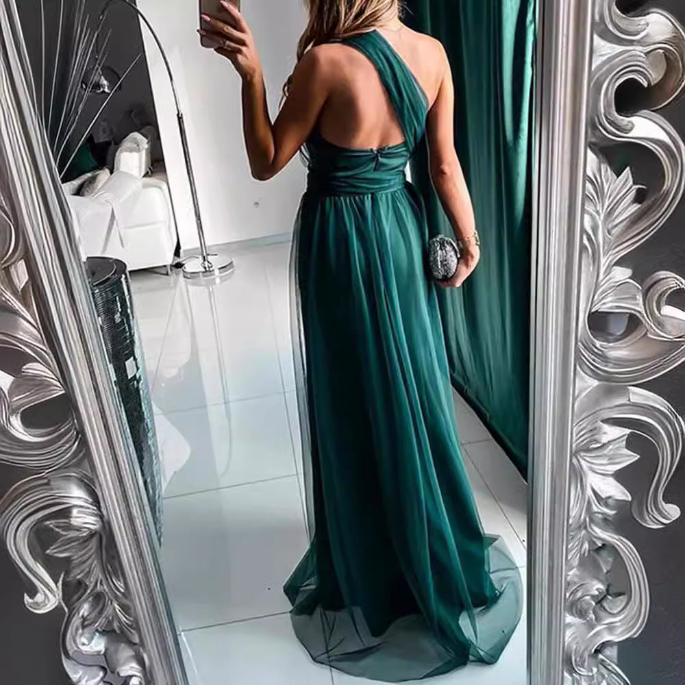 BENPAOLV [Fragrant Luxury Selection]  Long Mopping Split Dress Backless Single Shoulder Suspender Evening Dress Backless Women's Dress