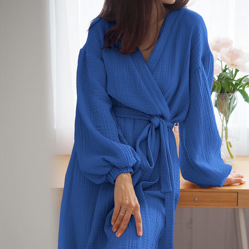 BENPAOLV 2025 spring new  pajamas double-layer wrinkled yarn comfortable and skin-friendly bathrobes casual long pajamas loungewear women