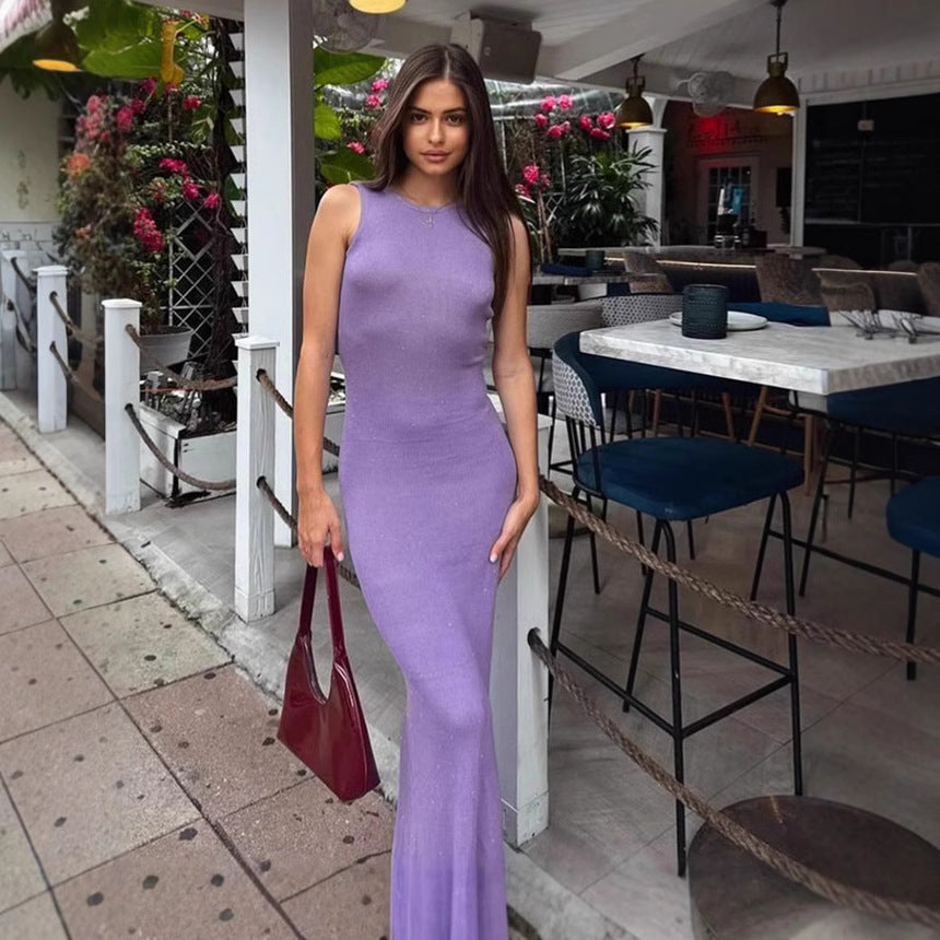 BENPAOLV  2025 spring  style new New women's clothing sexy temperament slim backless sleeveless solid color long dress dress