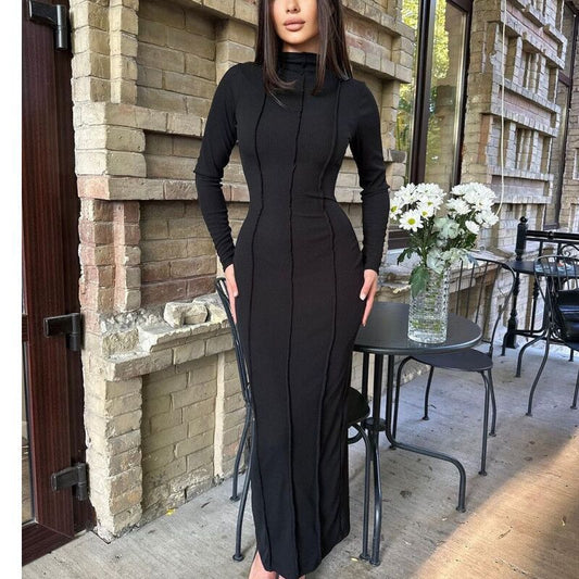 BENPAOLV  2025 autumn new  New Popular trade semi-turtleneck pit strip long-sleeved skirt thin waist dress women