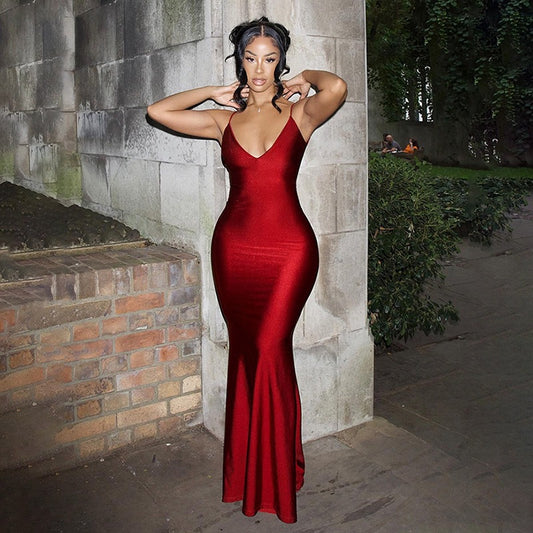 BENPAOLV  2025 Popular trade hot-selling red dress skirt deep V sexy backless suspender fishtail dress wholesale