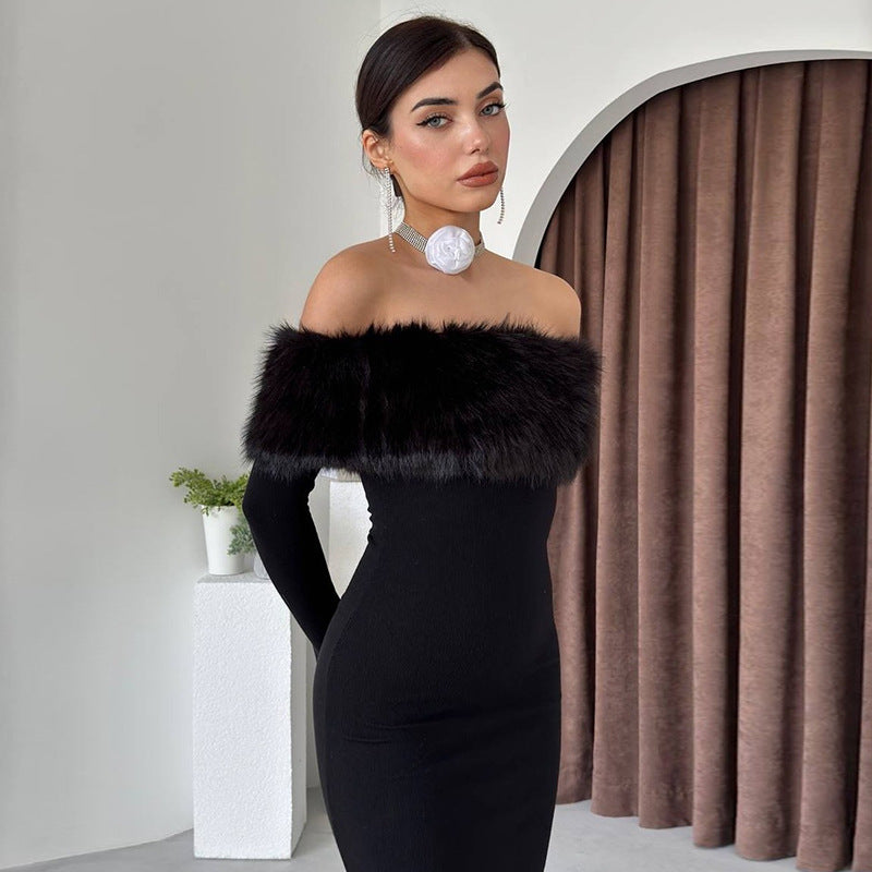 BENPAOLV  2025 popular autumn  style women's clothing New new fashion style temperament elegant one-word shoulder fur collar slim dress