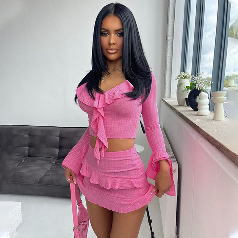 BENPAOLV 2025 New women's clothing new fashion ruffle edge split long-sleeved top sexy short hip skirt two-piece set