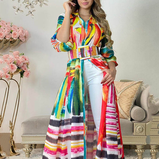 2025New women's clothing  new color printing straps long shirt dress loose cardigan long dress