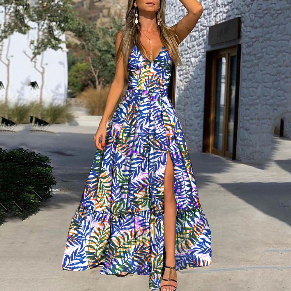 New summer  women's clothing wish dress v-neck suspender printed leaves beach vacation split long dress