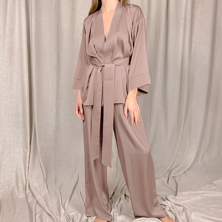 BENPAOLV 2025 spring  satin satin cardigan lace-up nightgown pajama pants solid color home set loose women's pajamas