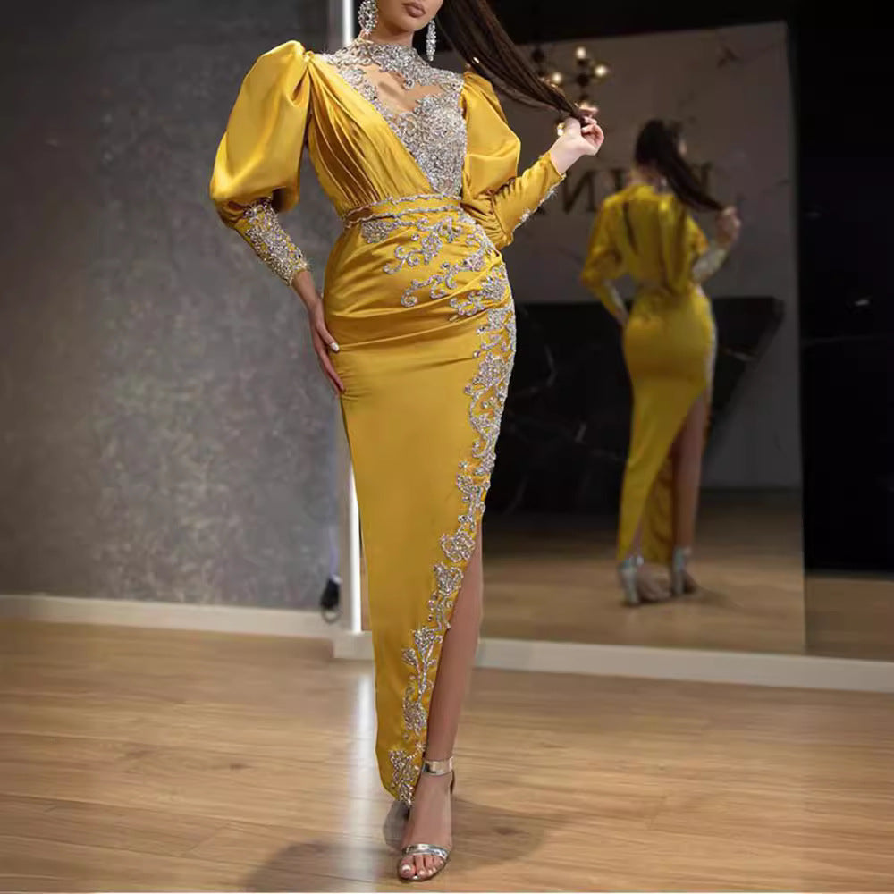 New spring new  gold-sprinkled women's wedding dress satin pendulum sexy long dress trailing banquet evening dress