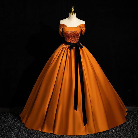 2025Hot trade orange satin students vocal art test shoulder solo performance tutu skirt host annual meeting evening dress woman