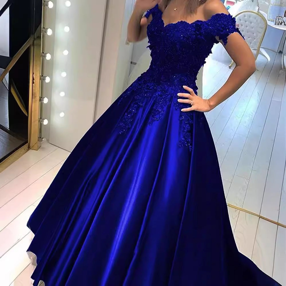 2025 popular 's new simple evening dress off-the-shoulder lace applique ball satin bar mitzvah ball dress