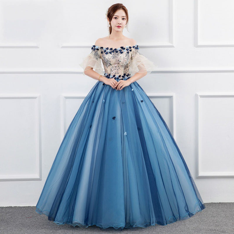 2025Vocal solo performance costume women's  new studio colored yarn retro elegant one-word shoulder annual meeting art exam evening dress