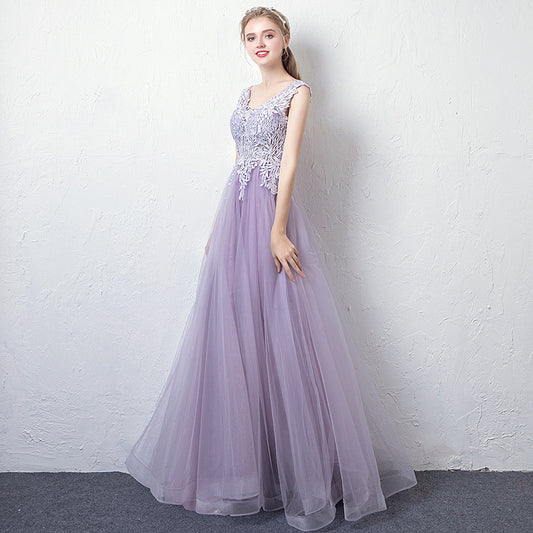 2025 Dress women's popular new purple fairy temperament double shoulder V-neck dinner long host evening dress manufacturer wholesale