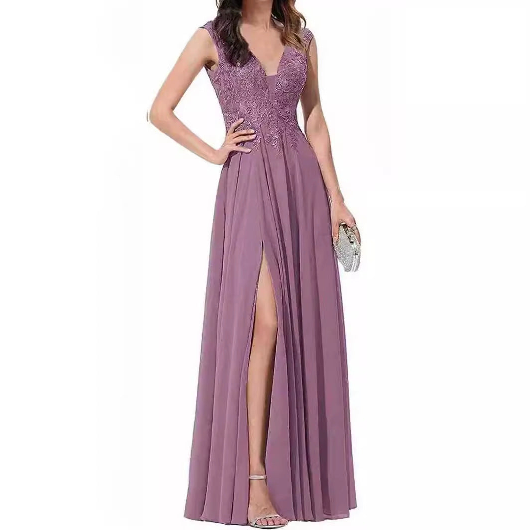 2025 Women's V-neck bridesmaid dress, lace simple A-shaped chiffon skirt, long Popular trade express sales open fork and thin dress