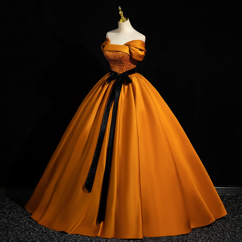 2025Hot trade orange satin students vocal art test shoulder solo performance tutu skirt host annual meeting evening dress woman