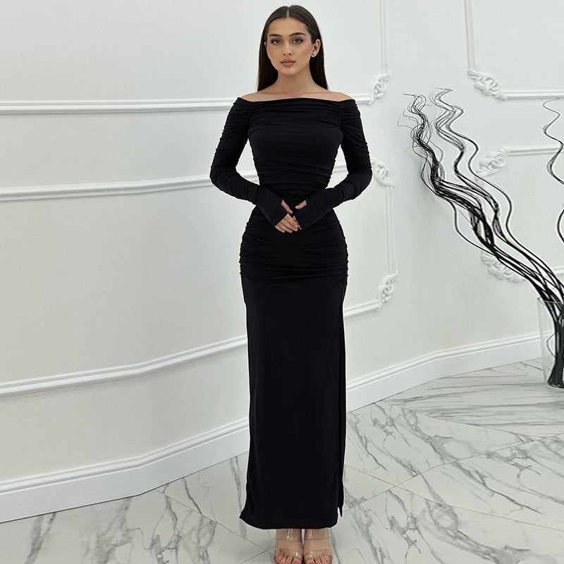 BENPAOLV  2025 popular autumn  style New women's clothing new fashion one-word collar sexy tight pleated side split dress