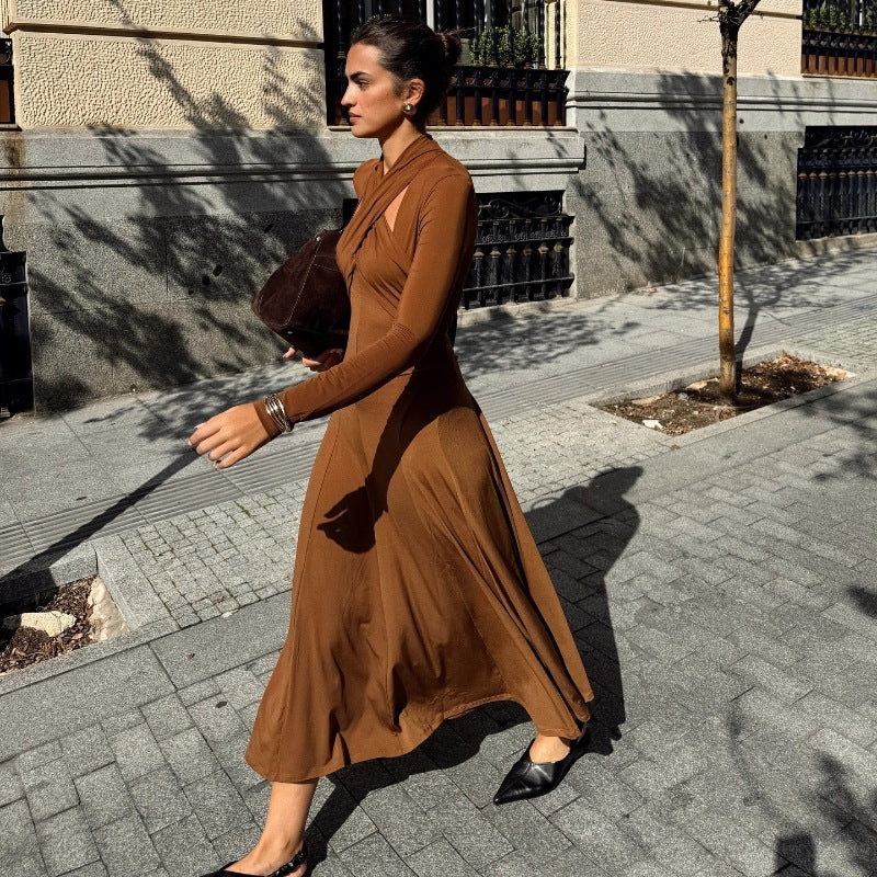 BENPAOLV  2025 popular autumn  style women's clothing New new fashion temperament elegant slim solid color neck long-sleeved dress