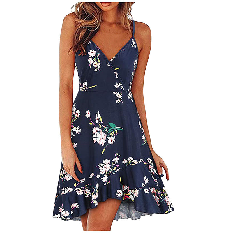 Summer Women's Sexy, Stylish V-Neck Suspender Sleeveless Halter Multi-Color Printed Swing Dress