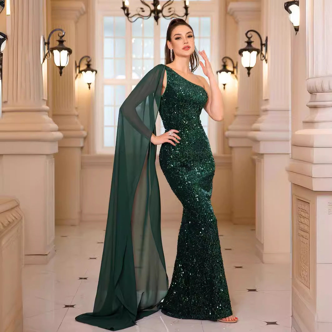 2025 popular autumn new Popularan, n and Middle Eastern sequins slanted shoulder fork harpoon tail heavy industry catwalk banquet dress Aliexpress supply