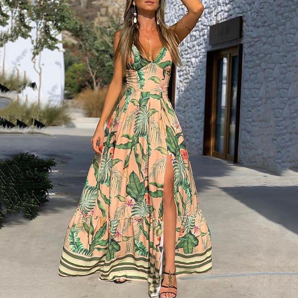 New summer  women's clothing wish dress v-neck suspender printed leaves beach vacation split long dress