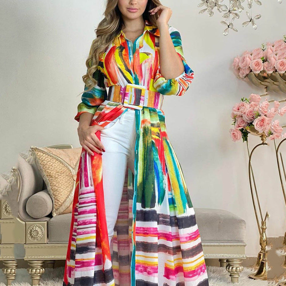 2025New women's clothing  new color printing straps long shirt dress loose cardigan long dress