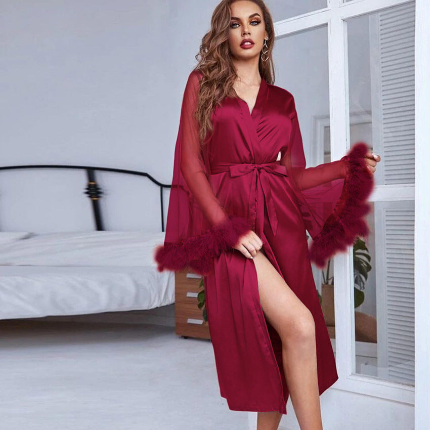 BENPAOLV 2025 popular autumn new  New pajamas fashion feather splicing mesh purple nightgown women's loungewear