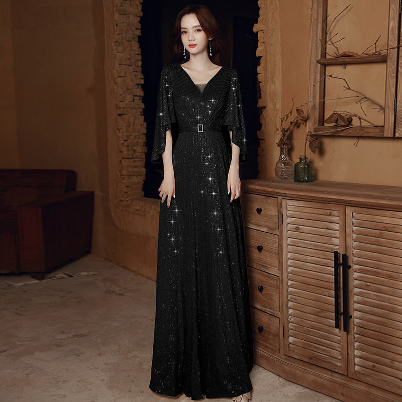 2025 Celebrity banquet evening dress popular autumn new temperament golden elegant catwalk performance host dress female