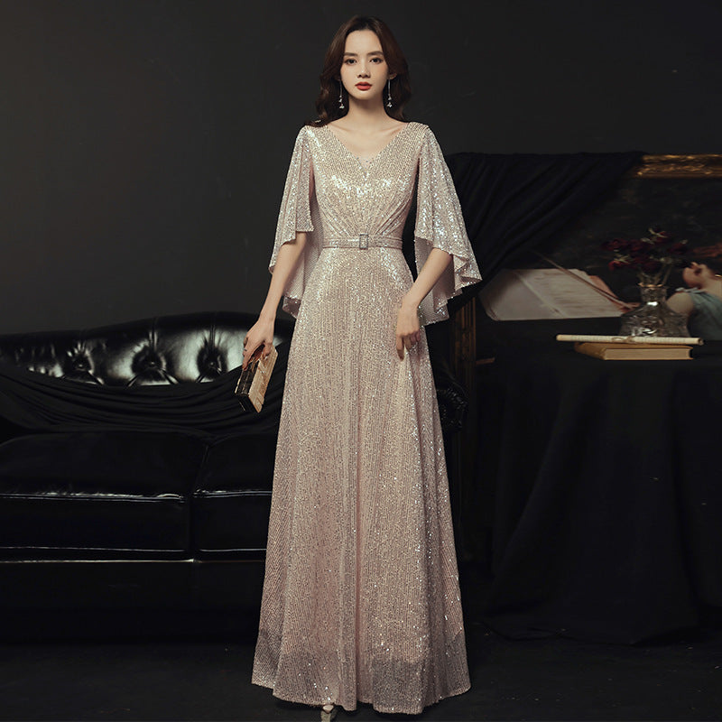 2025 Celebrity banquet evening dress popular autumn new temperament golden elegant catwalk performance host dress female