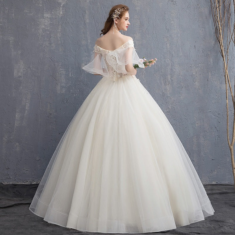 2025 One-word shoulder wedding dress new starry sky Korean princess dream Hepburn simple Qidesen thin wedding dress