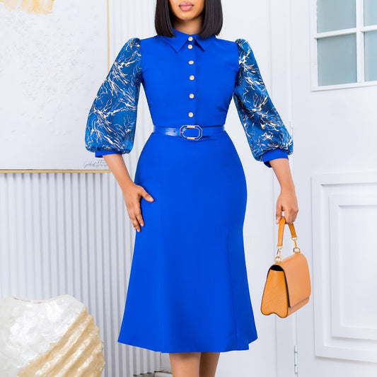 BENPAOLV D449 independent station  new single-breasted printed seven-quarter sleeve splicing temperament hip-wrapped elegant 2025 trade dress