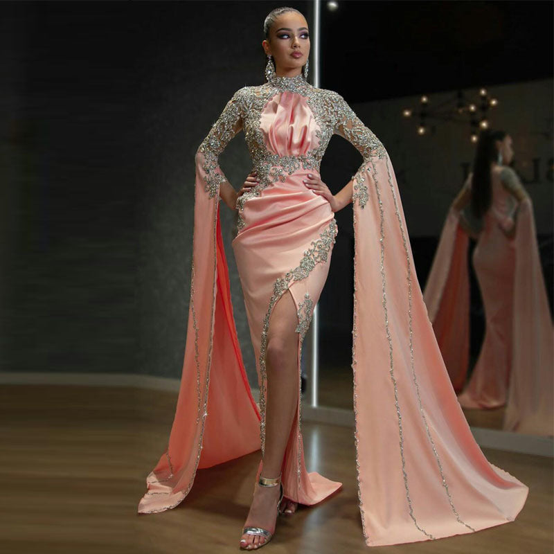 new New  women's clothing  dress high-necked long-sleeved long dress split irregular evening dress