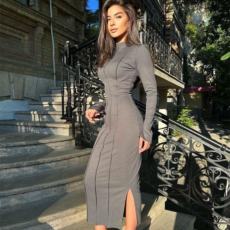 BENPAOLV  2025 autumn new  New Popular trade semi-turtleneck pit strip long-sleeved skirt thin waist dress women