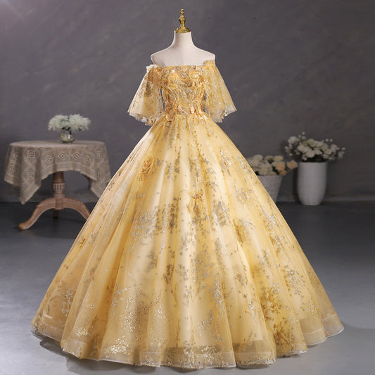 2025Hot trade one-word shoulder champagne gold solo tutu skirt student vocal art test performance uniform host annual meeting evening dress woman