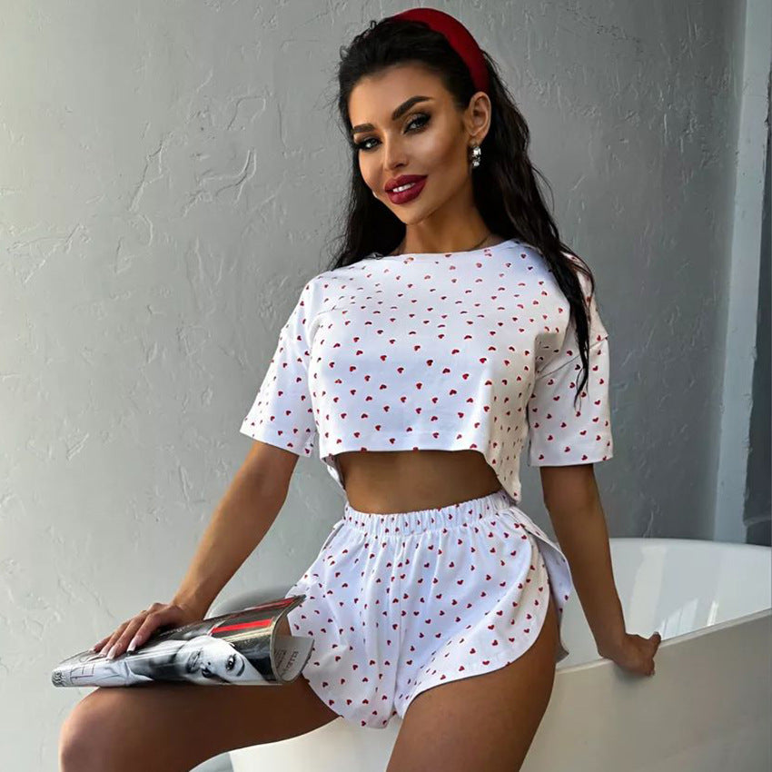 BENPAOLV 2025 spring and summer new comfortable love printed knitted short-sleeved top split-ended shorts two-piece set New loungewear