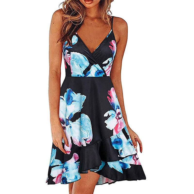 Summer Women's Sexy, Stylish V-Neck Suspender Sleeveless Halter Multi-Color Printed Swing Dress