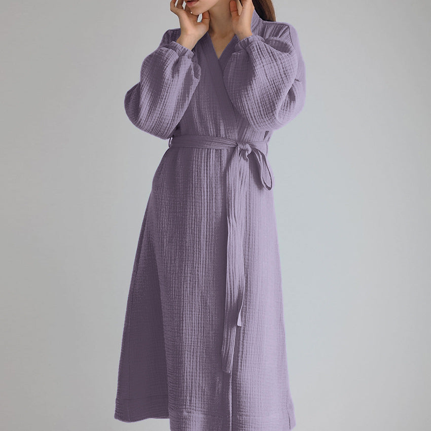 BENPAOLV 2025 spring new  pajamas double-layer wrinkled yarn comfortable and skin-friendly bathrobes casual long pajamas loungewear women